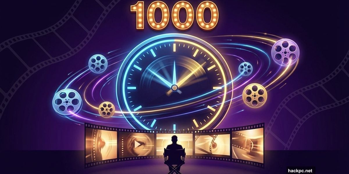 Clock surrounded by film reels with silhouette watching multiple movie screens