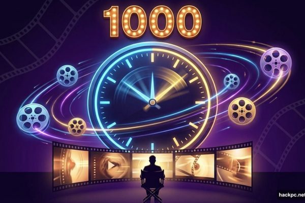 Clock surrounded by film reels with silhouette watching multiple movie screens