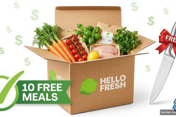HelloFresh meal kit box with free meals offer and chef's knife bonus