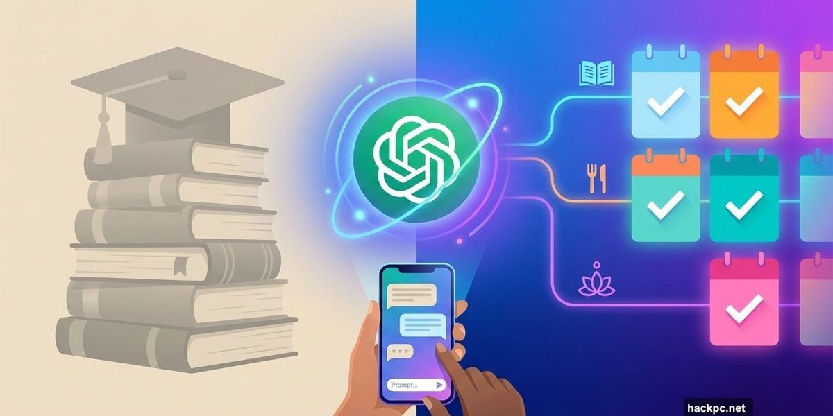 ChatGPT logo centered with traditional education vs modern self-learning