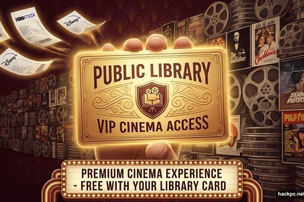 Library card as golden ticket with film reels and cancelled streaming subscriptions