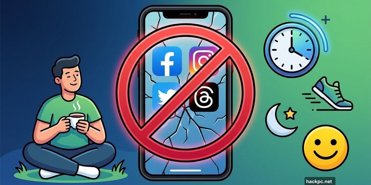 Smartphone with crossed-out social media apps beside peaceful person and wellness icons