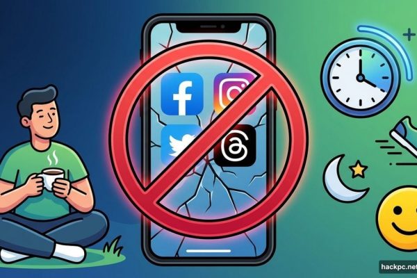 Smartphone with crossed-out social media apps beside peaceful person and wellness icons