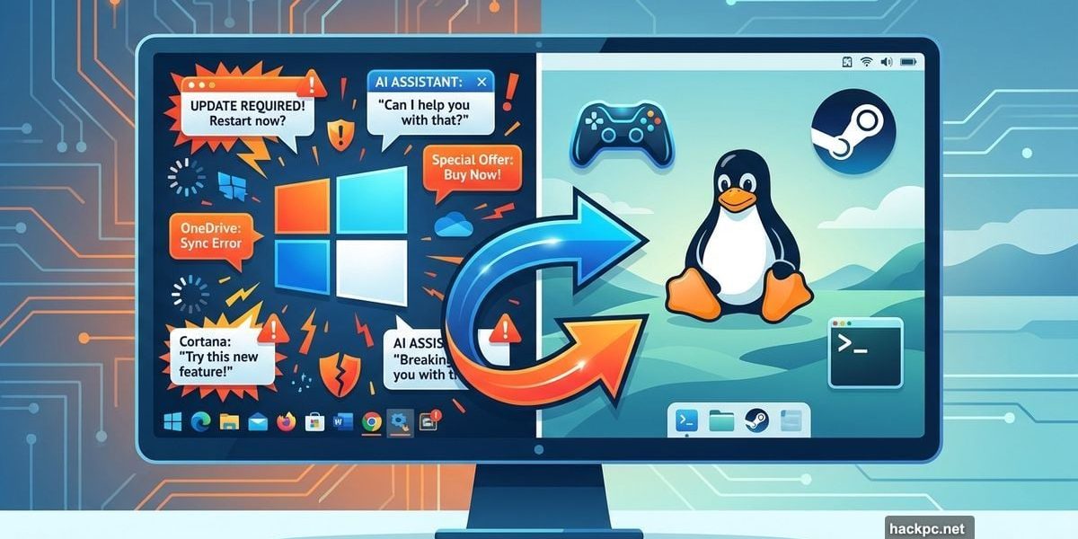 Computer screen split showing transition from cluttered Windows to clean Linux