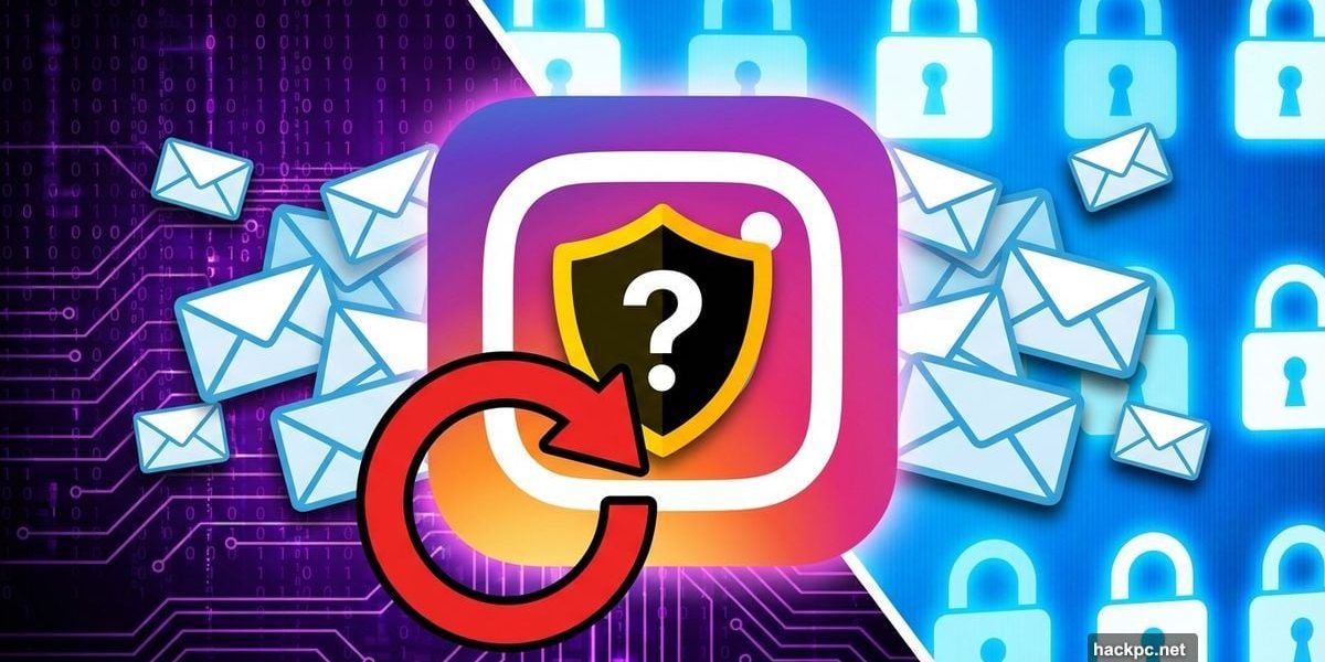 Instagram logo with warning shield, scattered emails, security symbols background