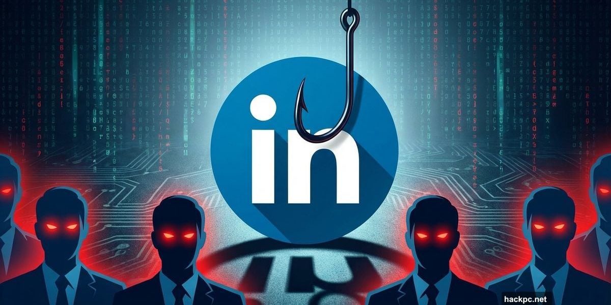 LinkedIn logo pierced by phishing hook surrounded by fake profiles