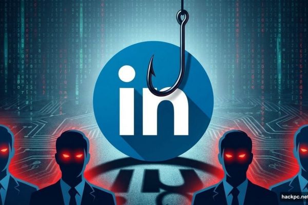 LinkedIn logo pierced by phishing hook surrounded by fake profiles