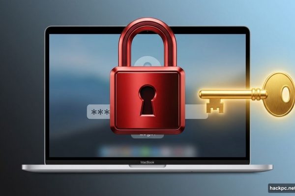 Locked MacBook with padlock and golden key solution symbol