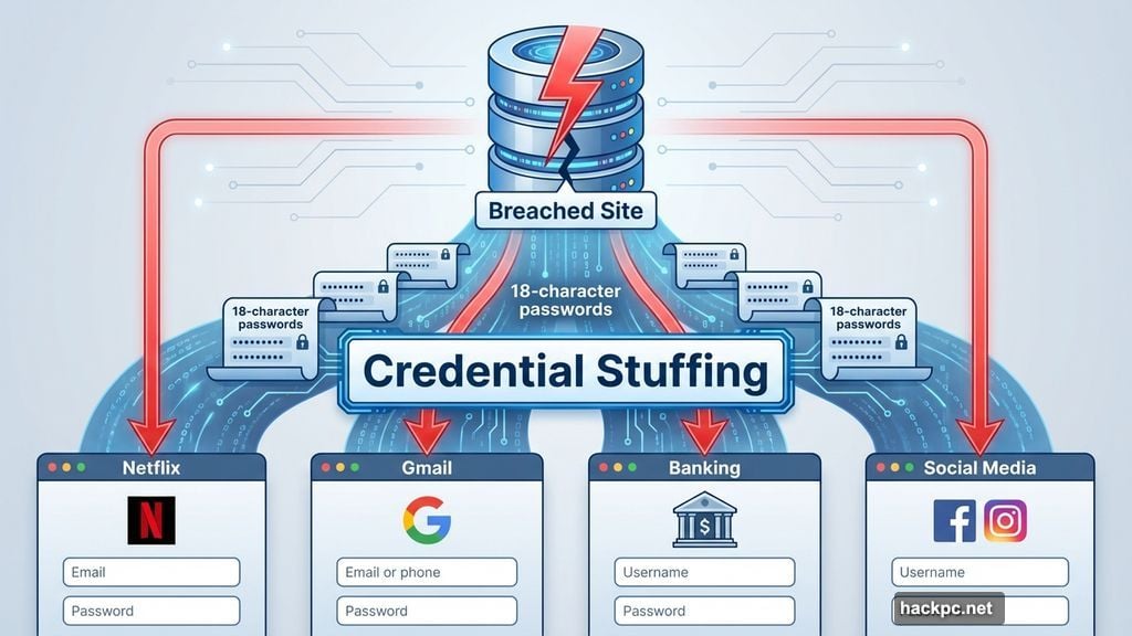 Reused passwords expose every account through credential stuffing after one breach