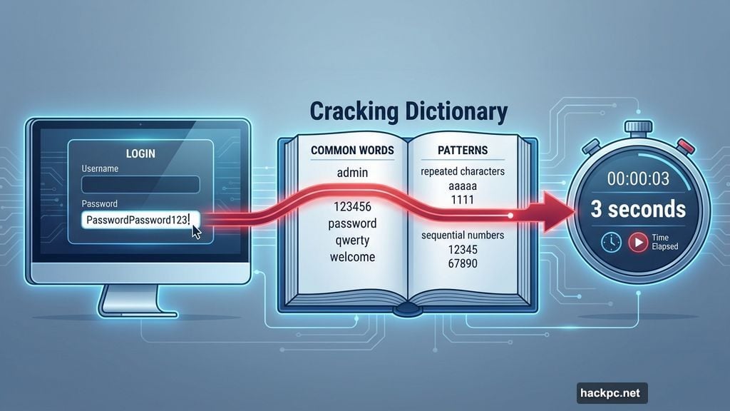Predictable patterns in long passwords fail in seconds using cracking dictionaries