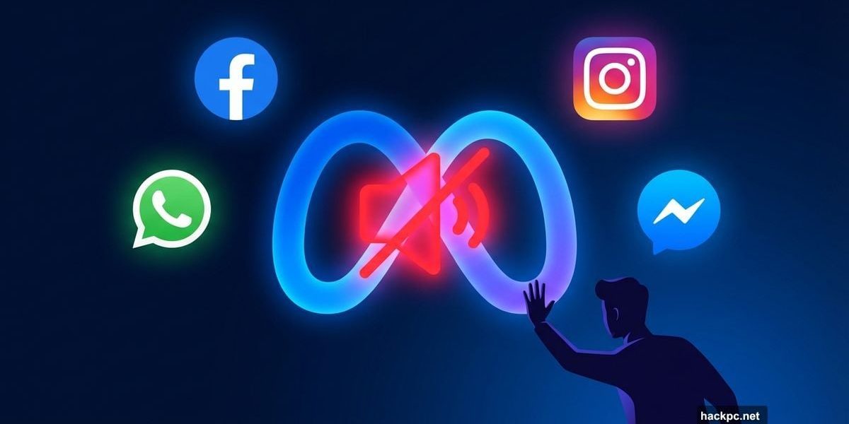 Meta logo with red mute icon, surrounded by Facebook Instagram WhatsApp icons