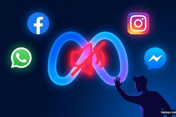 Meta logo with red mute icon, surrounded by Facebook Instagram WhatsApp icons