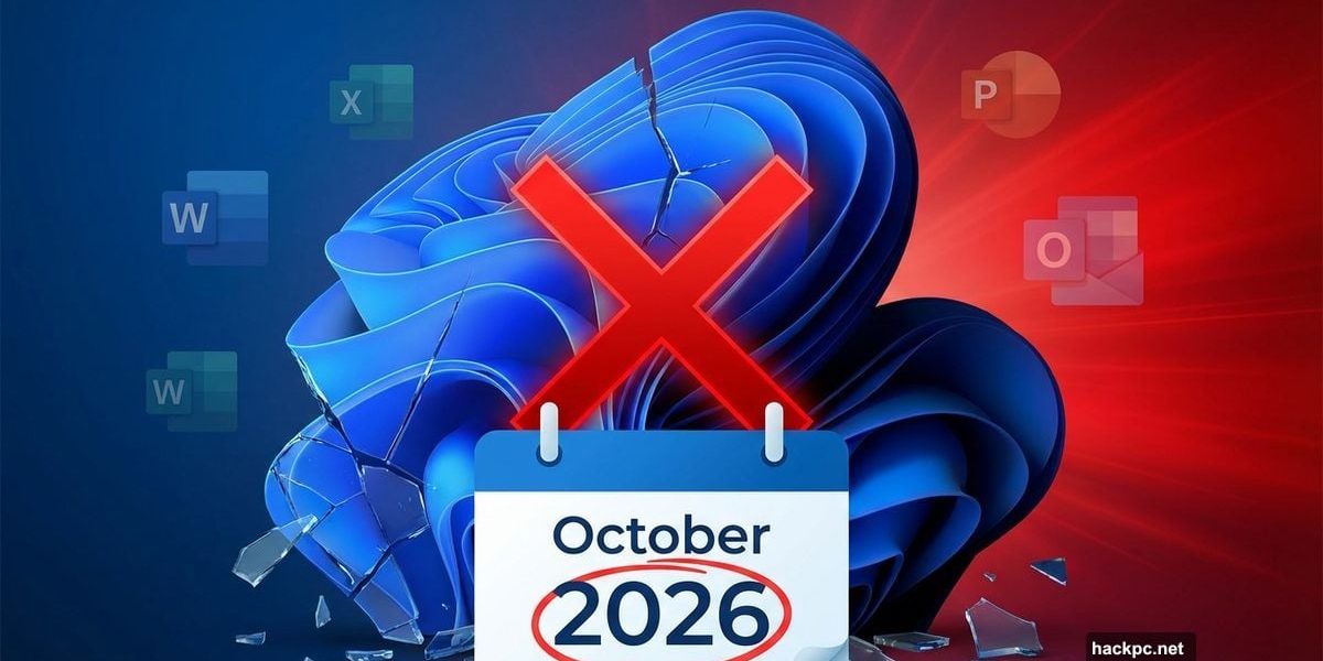 Windows 11 logo breaking apart with red X and October 2026 deadline