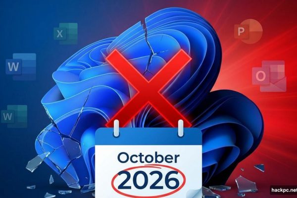 Windows 11 logo breaking apart with red X and October 2026 deadline