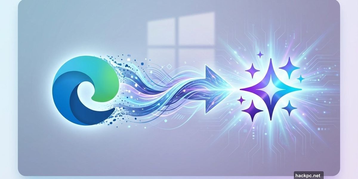 Microsoft Edge logo transforming into Copilot AI icon with arrow