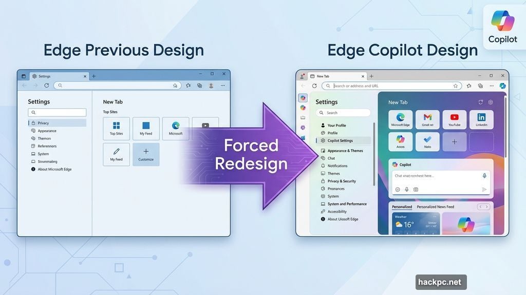 Edge's previous clean minimal look replaced by Copilot's rounder colorful interface