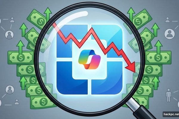 Microsoft Copilot logo under magnifying glass with declining stock chart and sparse users