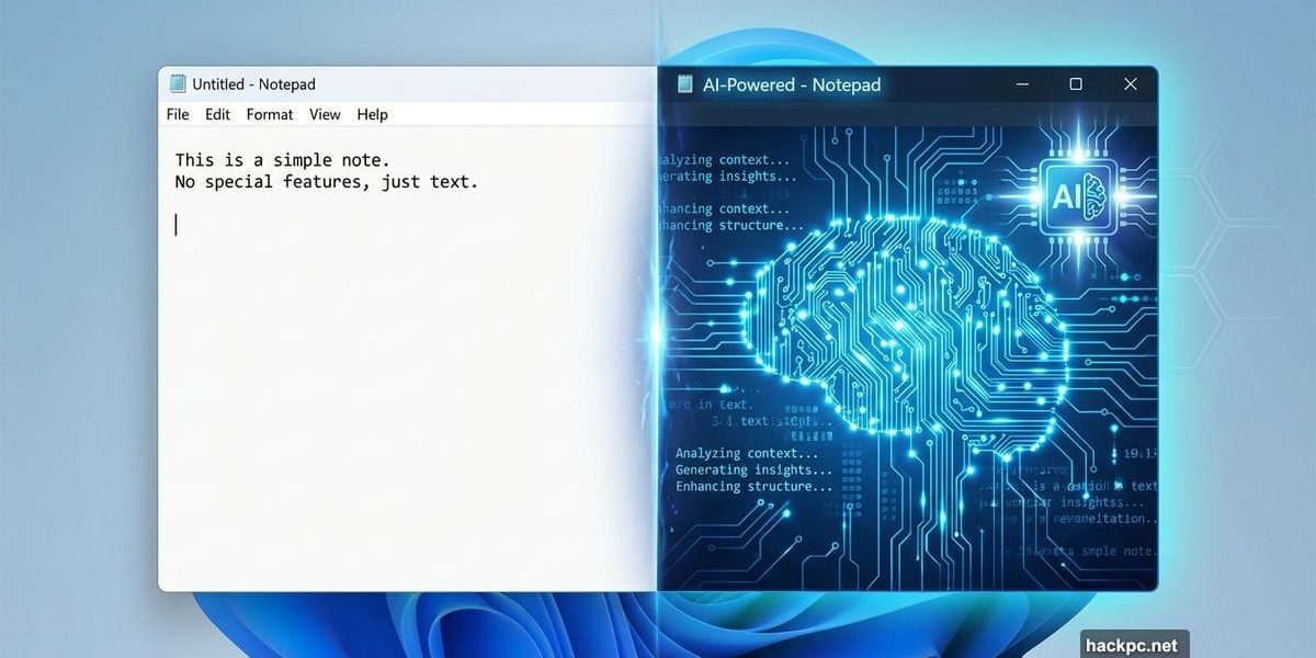 Windows Notepad split showing classic interface versus AI-enhanced version