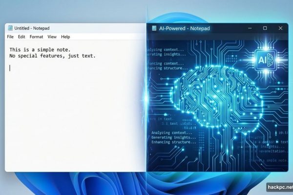 Windows Notepad split showing classic interface versus AI-enhanced version