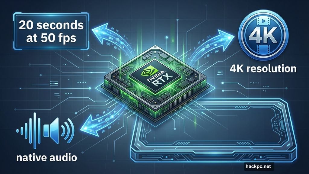 LTX-2 generates clips up to 20 seconds long at 50 fps