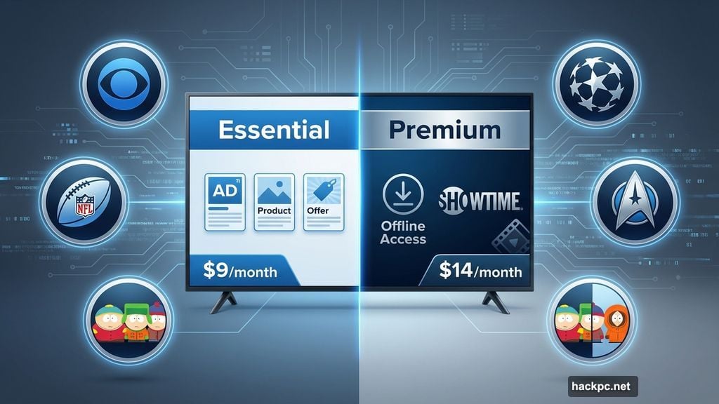 Essential with ads versus Premium without ads comparison tiers