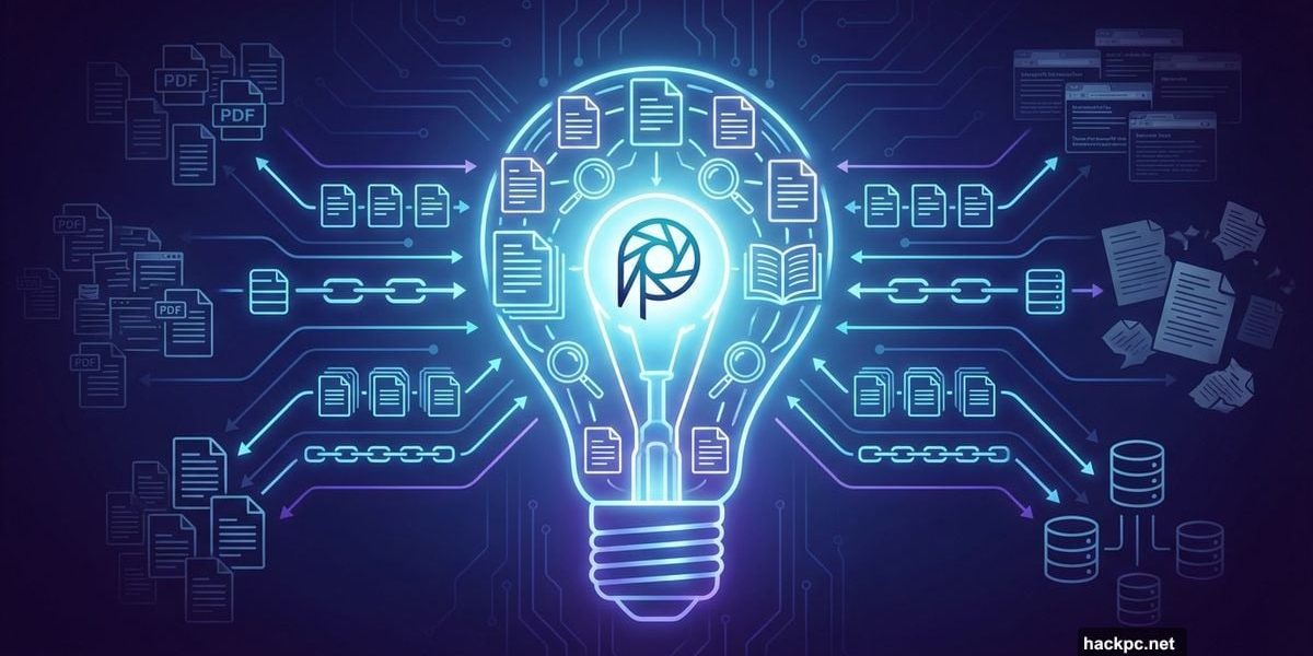 Perplexity logo inside glowing lightbulb surrounded by organized academic research streams