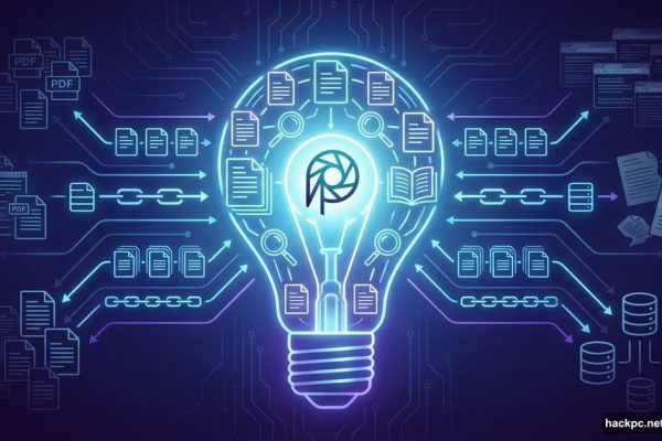 Perplexity logo inside glowing lightbulb surrounded by organized academic research streams