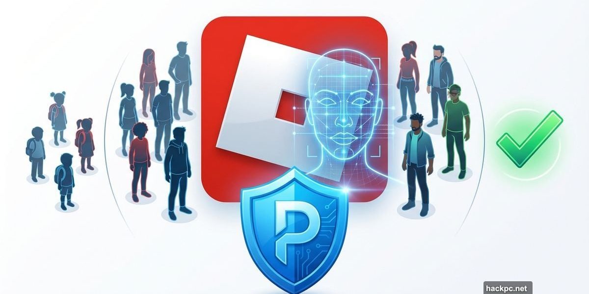 Roblox logo with facial recognition scan and protective shield