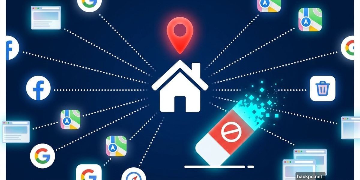 House with location marker connected to websites being digitally erased