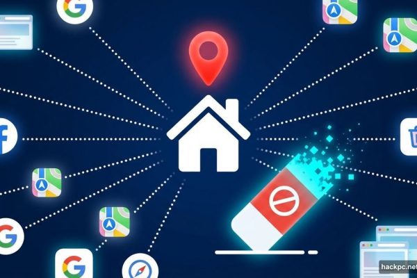 House with location marker connected to websites being digitally erased