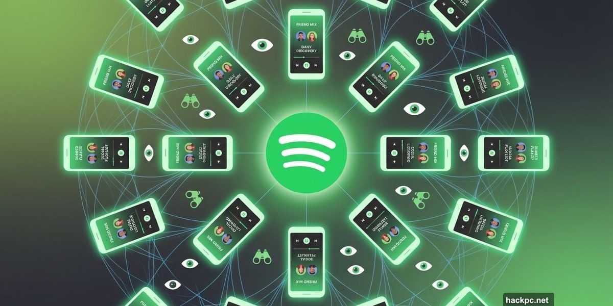 Spotify logo surrounded by smartphones showing friend listening activity features