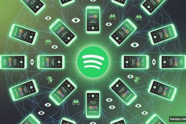 Spotify logo surrounded by smartphones showing friend listening activity features