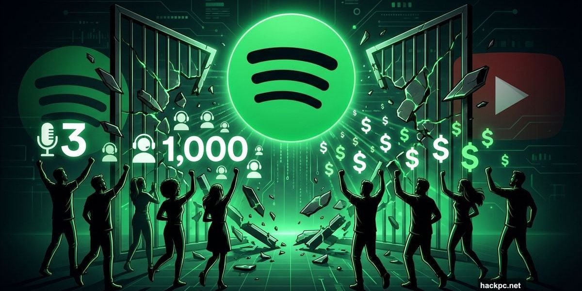 Spotify logo with lowered barrier and celebrating podcast creators streaming toward monetization