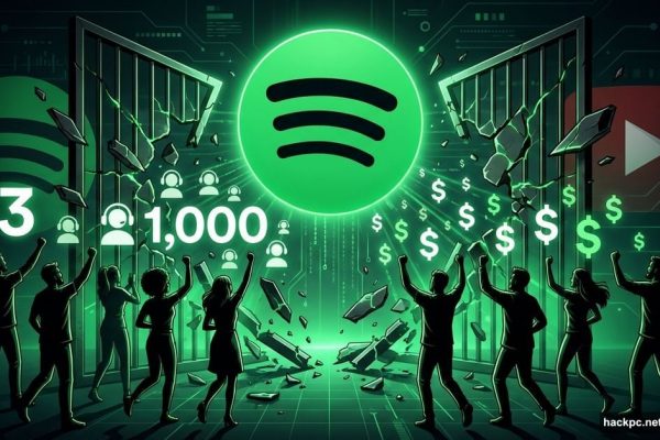 Spotify logo with lowered barrier and celebrating podcast creators streaming toward monetization