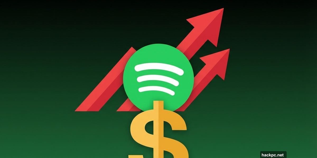 Spotify logo with upward arrows and dollar sign showing price increases
