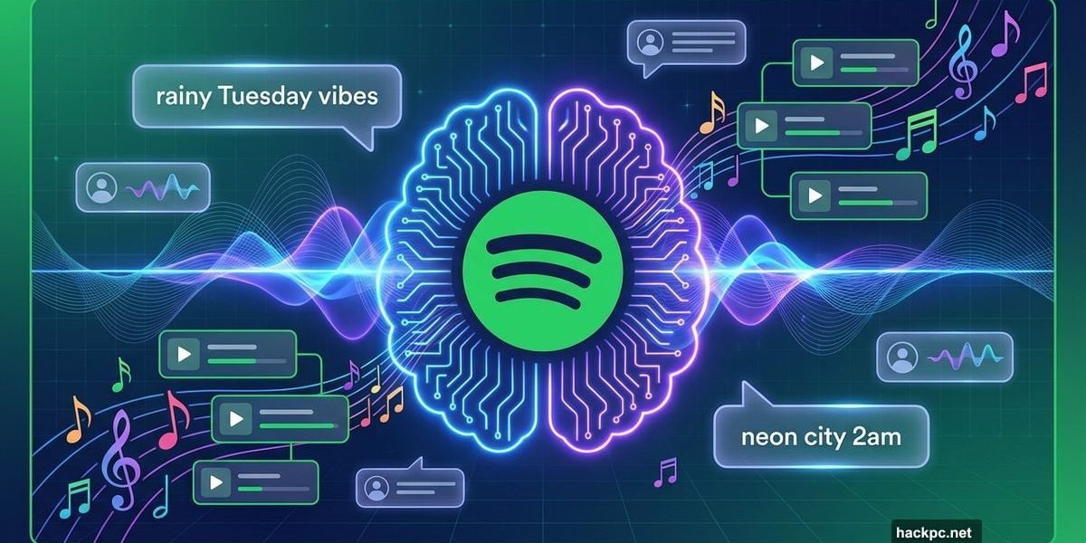 Spotify logo with AI circuits generating playlists from text prompts