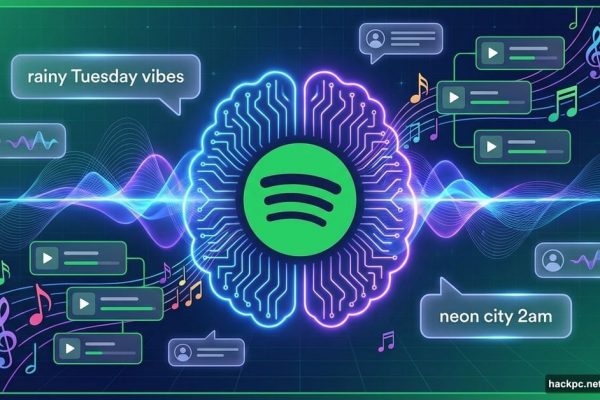 Spotify logo with AI circuits generating playlists from text prompts