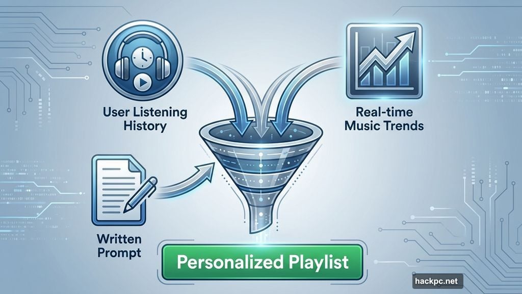 Three inputs create personalized playlists: prompt, history, and trends