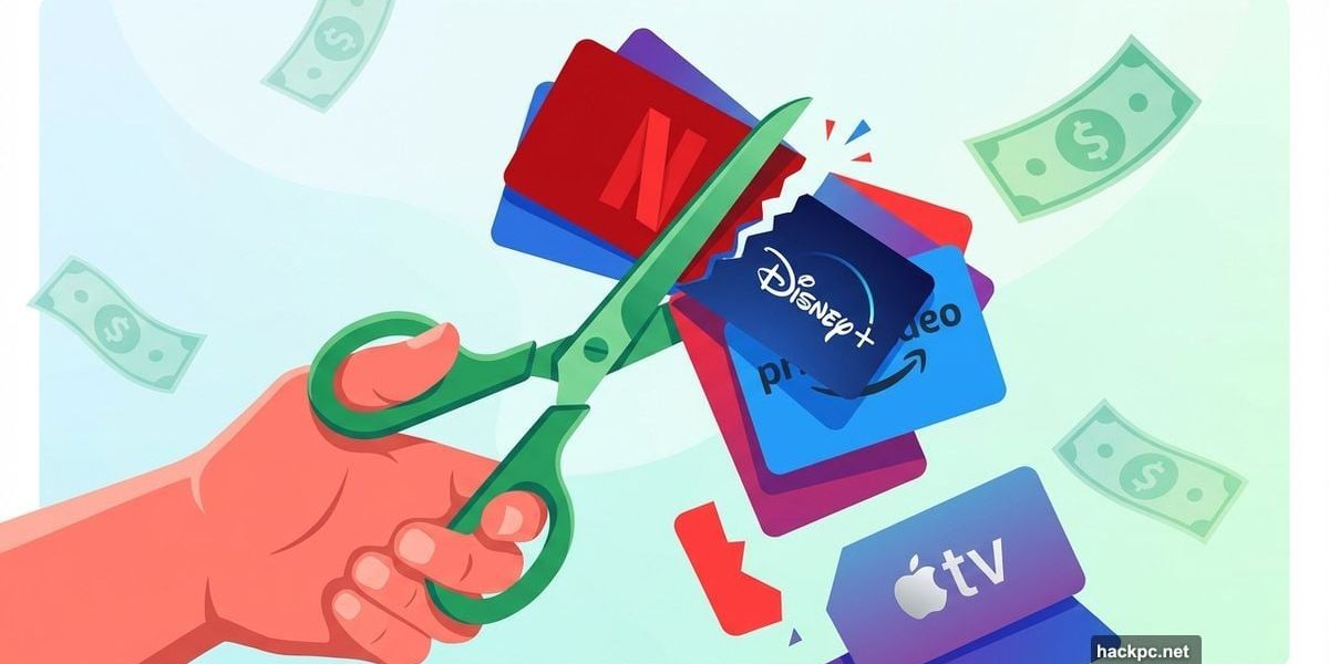 Scissors cutting through streaming subscription cards with dollars floating away