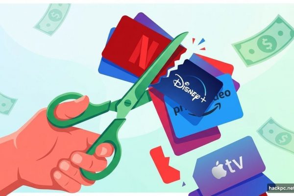 Scissors cutting through streaming subscription cards with dollars floating away
