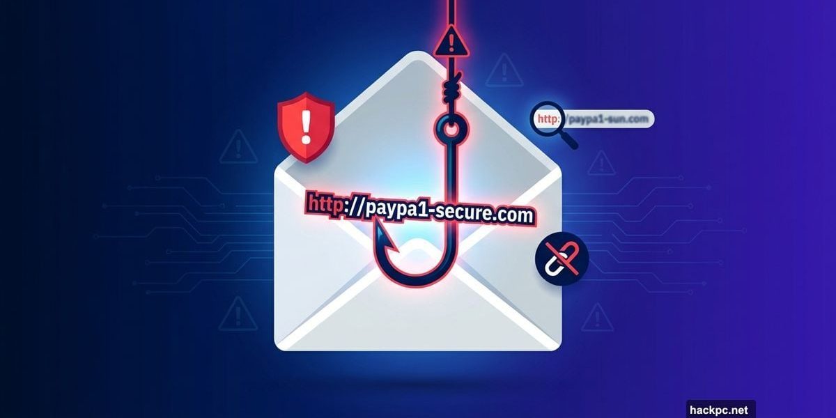 Email envelope with fishing hook holding fake URL as phishing bait