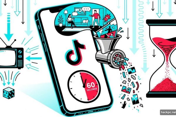 TikTok logo on phone compressing TV shows into one-minute fragments