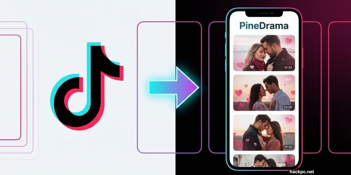 TikTok logo with arrow pointing to PineDrama app on smartphone screen
