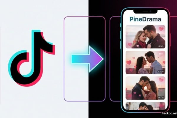 TikTok logo with arrow pointing to PineDrama app on smartphone screen