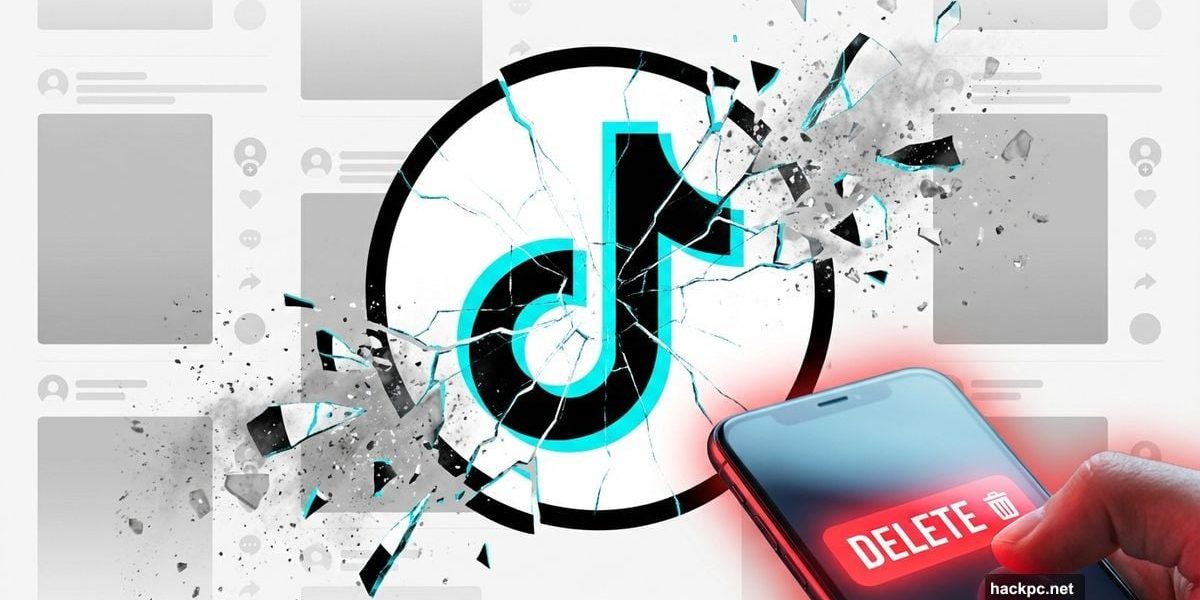 Cracked TikTok logo breaking apart with phone showing delete button