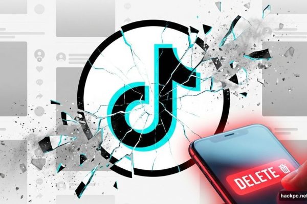 Cracked TikTok logo breaking apart with phone showing delete button