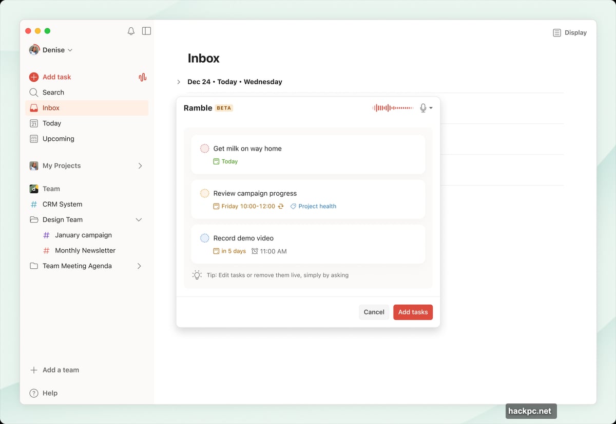 Hardware costs money while Todoist Ramble lives in existing app