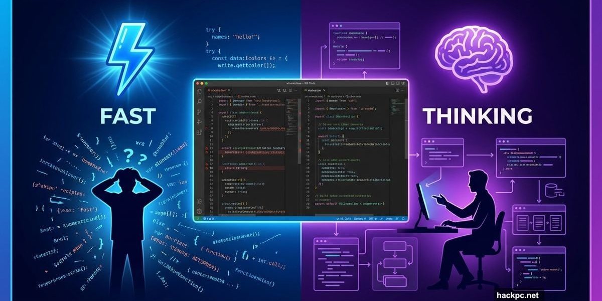 Split screen comparing fast versus thinking AI coding models experience