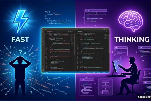 Split screen comparing fast versus thinking AI coding models experience