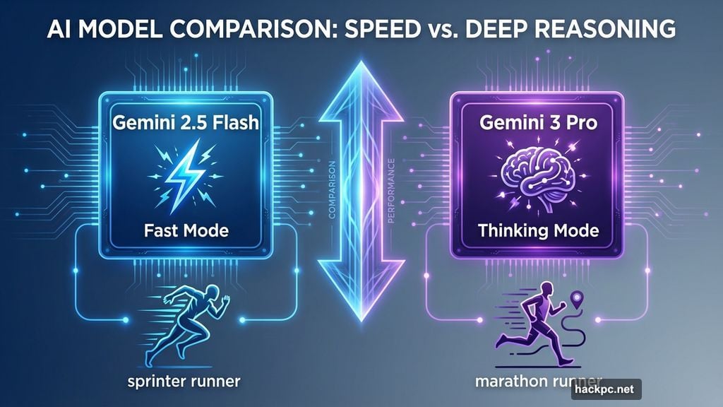 Fast mode uses Gemini 2.5 Flash while thinking mode runs Gemini 3 Pro